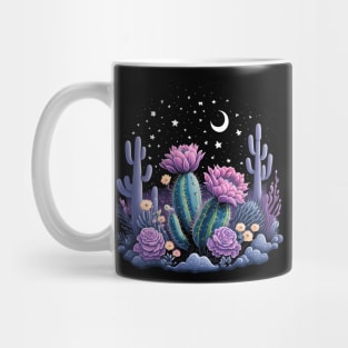 Cactus with Beautiful Flowers Starry Night Moon and Stars Mug